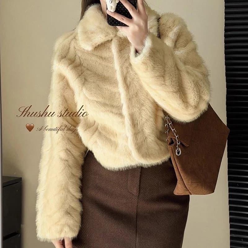 Chic Cream Women Faux Fur Jacket Lapel Collar Button Down Coat Long Sleeve Cropped Loose Luxury Cozy Winter Outerwear Top