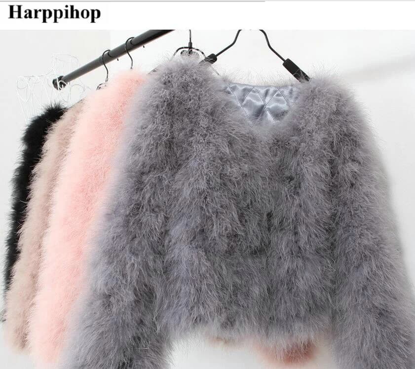 Harppihop 13 colors fashion sexy Ostrich wool turkey fur women coat feather short plus size jacket winter festival long sleeve