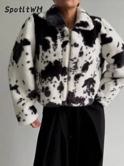 Women's Cow Print Cropped Faux Fur Jacket Turn‑down Collar Zip‑up Long Sleeve Casual Furry Short Outerwear 2026 Fashion Ladies