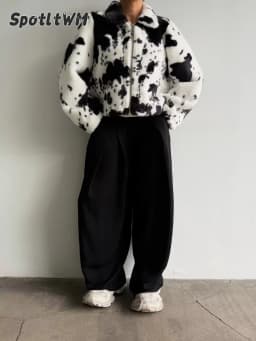 Women's Cow Print Cropped Faux Fur Jacket Turn‑down Collar Zip‑up Long Sleeve Casual Furry Short Outerwear 2026 Fashion Ladies