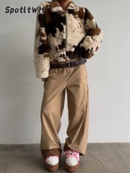 Women's Cow Print Cropped Faux Fur Jacket Turn‑down Collar Zip‑up Long Sleeve Casual Furry Short Outerwear 2026 Fashion Ladies