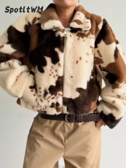 Women's Cow Print Cropped Faux Fur Jacket Turn‑down Collar Zip‑up Long Sleeve Casual Furry Short Outerwear 2026 Fashion Ladies