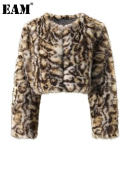 [EAM] Pattern Short Elegant Faux Fur Jacket New Round Neck Long Sleeve Women Coat Fashion Tide Autumn Winter 2026 CPG6814