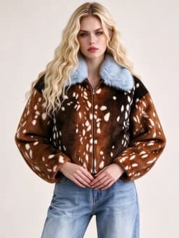 LIMO Women Faux Fur Cropped Jacket Deer Spot Print Light Blue Fluffy Collar Zipper Winter Warm Coat