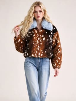 LIMO Women Faux Fur Cropped Jacket Deer Spot Print Light Blue Fluffy Collar Zipper Winter Warm Coat