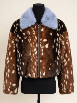 LIMO Women Faux Fur Cropped Jacket Deer Spot Print Light Blue Fluffy Collar Zipper Winter Warm Coat