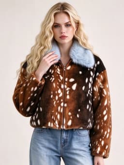 LIMO Women Faux Fur Cropped Jacket Deer Spot Print Light Blue Fluffy Collar Zipper Winter Warm Coat