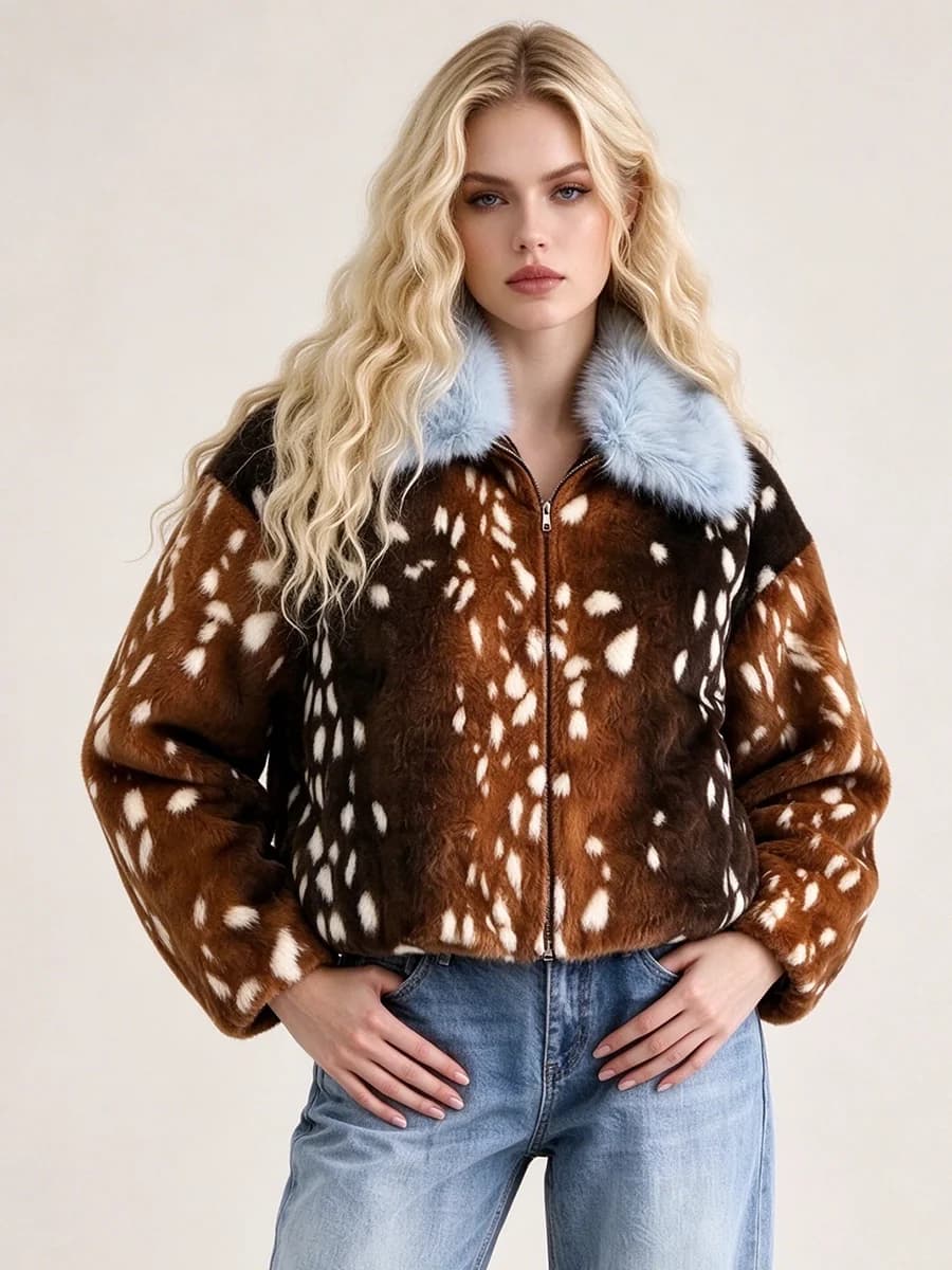LIMO Women Faux Fur Cropped Jacket Deer Spot Print Light Blue Fluffy Collar Zipper Winter Warm Coat