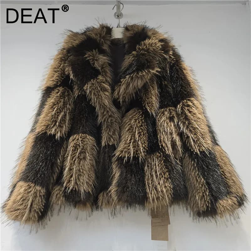 DEAT Women 2026 Winter Patchwork Design Contrast Color Plaid Jackets Women Faux Fur Thickened Warm Hidden Button Coat 11C573