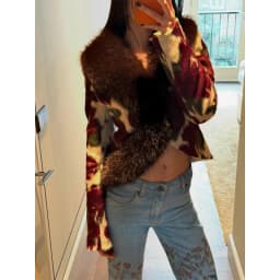 Ivory Floral Print Faux Fur Collar Button Pocket Jackets Edgy Long Sleeve Cuff Outerwear 2026 Autumn Street Vintage Party Coats