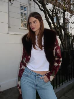 Ivory Floral Print Faux Fur Collar Button Pocket Jackets Edgy Long Sleeve Cuff Outerwear 2026 Autumn Street Vintage Party Coats