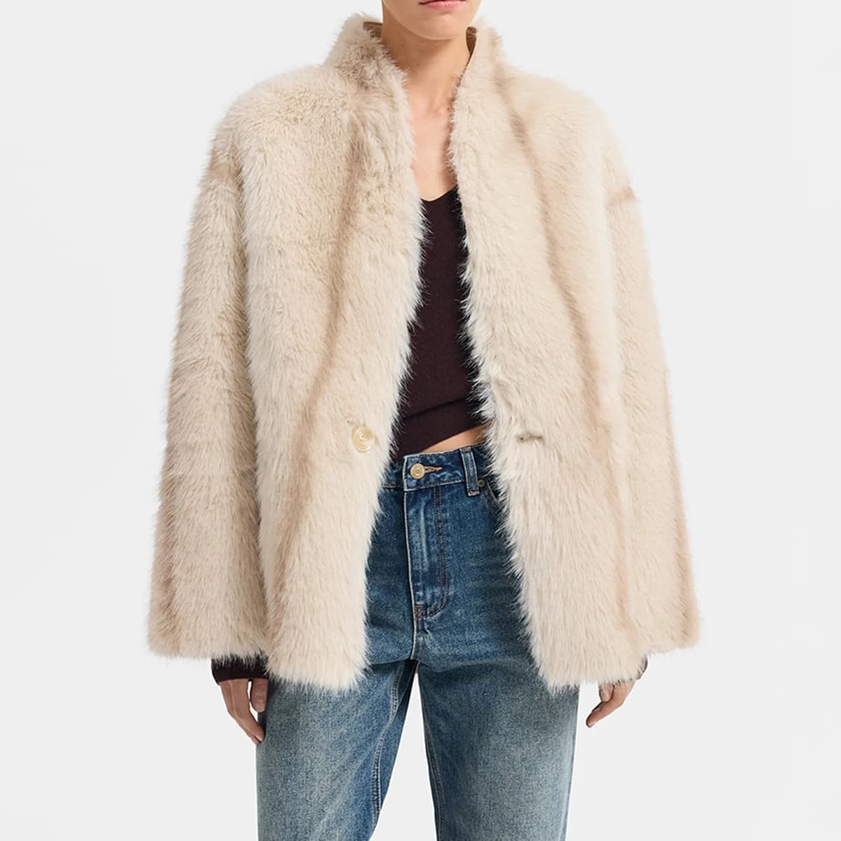 Women's Beige Cropped Fluffy Faux Fur Coat Button Stand Collar Winter Warm Thick Elegant Luxe Chic Outerwear