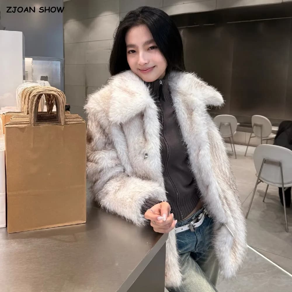 Winter Women Gradient White With Black Tips Long Hairy Shaggy Fox Faux Fur Coat Lapel Collar Midi Long Straight Shaggy Outerwear