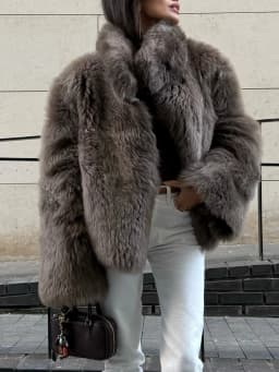 Women Chic Loose Furry Fur Coat Stand-up Collar Solid Color Full Sleeves Keep Warm Thick Coats 2025 New Fashion Daily Outerwear