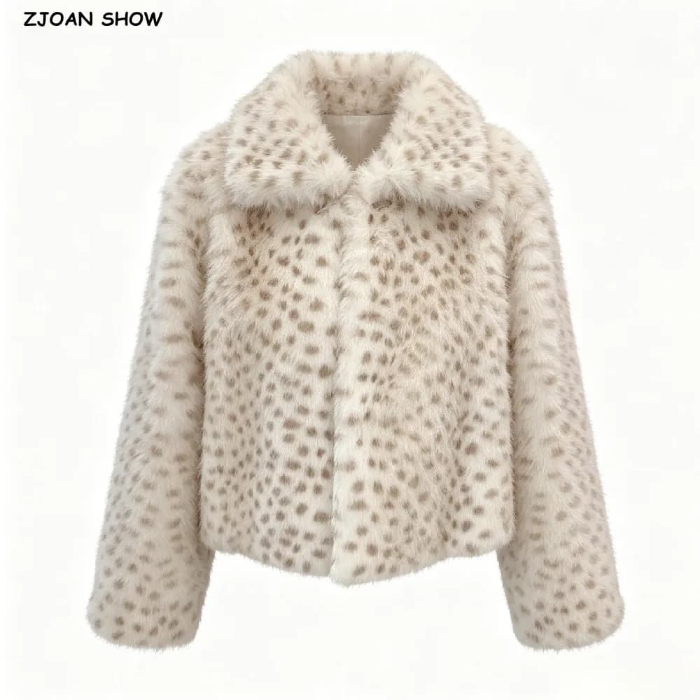 Winter Women Milky Leopard Dot Hairy Faux Fur Coat Lapel Collar Long Sleeve Shaggy Jacket Ladies Loose Straight Short Outerwear