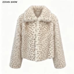 Winter Women Milky Leopard Dot Hairy Faux Fur Coat Lapel Collar Long Sleeve Shaggy Jacket Ladies Loose Straight Short Outerwear
