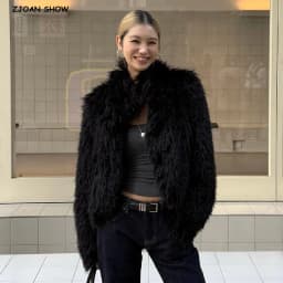 Winter Women Black Hairy Curly Faux Sheep Fur Coat Lapel Collar Long Sleeve Straight Short Warm Shaggy Jacket Korea Outerwear
