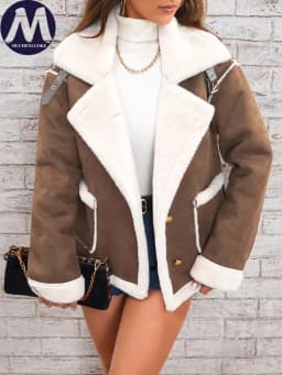 Women's Elegant Winter Fur Coat with Fluff Lapel Thick Korean Fashion Casual Loose Artificial Fleece Warm Jacket