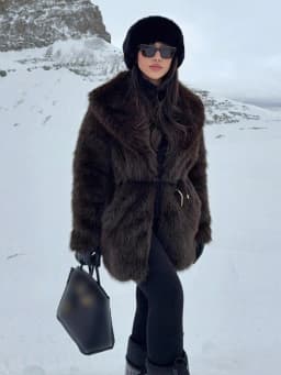 HH Women Elegant Luxurious Faux Fur Coat Retro Coffee Brown Lapel Mid Length Metal Buckle Outerwear Autumn Winter Office Wear