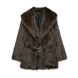 HH Women Elegant Luxurious Faux Fur Coat Retro Coffee Brown Lapel Mid Length Metal Buckle Outerwear Autumn Winter Office Wear