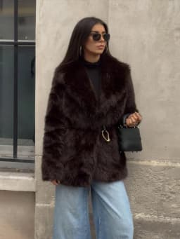 HH Women Elegant Luxurious Faux Fur Coat Retro Coffee Brown Lapel Mid Length Metal Buckle Outerwear Autumn Winter Office Wear