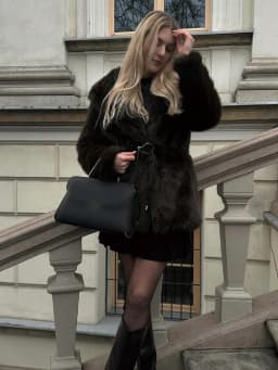 HH Women Elegant Luxurious Faux Fur Coat Retro Coffee Brown Lapel Mid Length Metal Buckle Outerwear Autumn Winter Office Wear