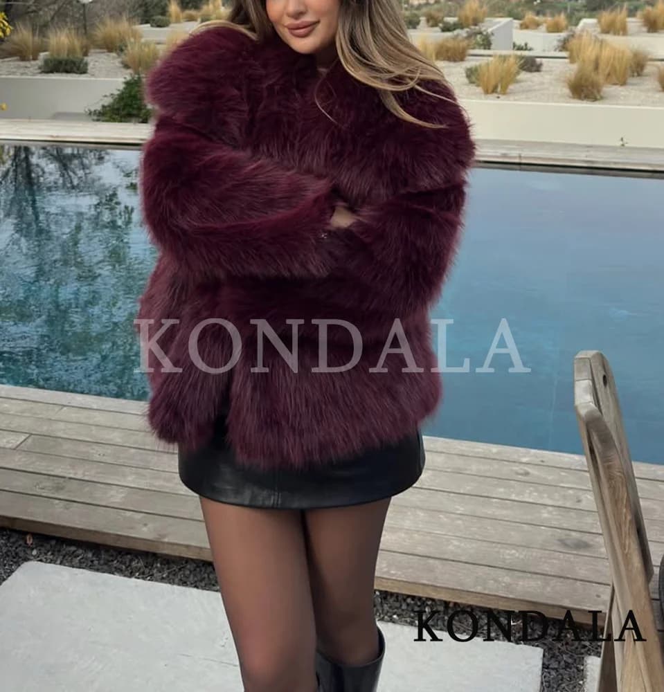 KONDALA Elegant Burgundy Red Fur Coat Women Lapel Faux Fur Loose Coat 2025 Fall Winter Fashion Streetwear Coat Dinner Party Coat