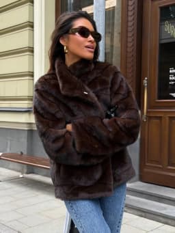 Women's Dark Brown Fluffy Faux Fur Coat Lapel Collar Cropped Paneled Winter Warm Elegant Luxe Chic Outerwear