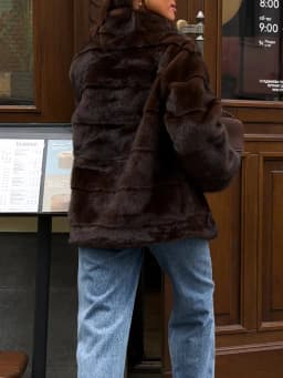 Women's Dark Brown Fluffy Faux Fur Coat Lapel Collar Cropped Paneled Winter Warm Elegant Luxe Chic Outerwear