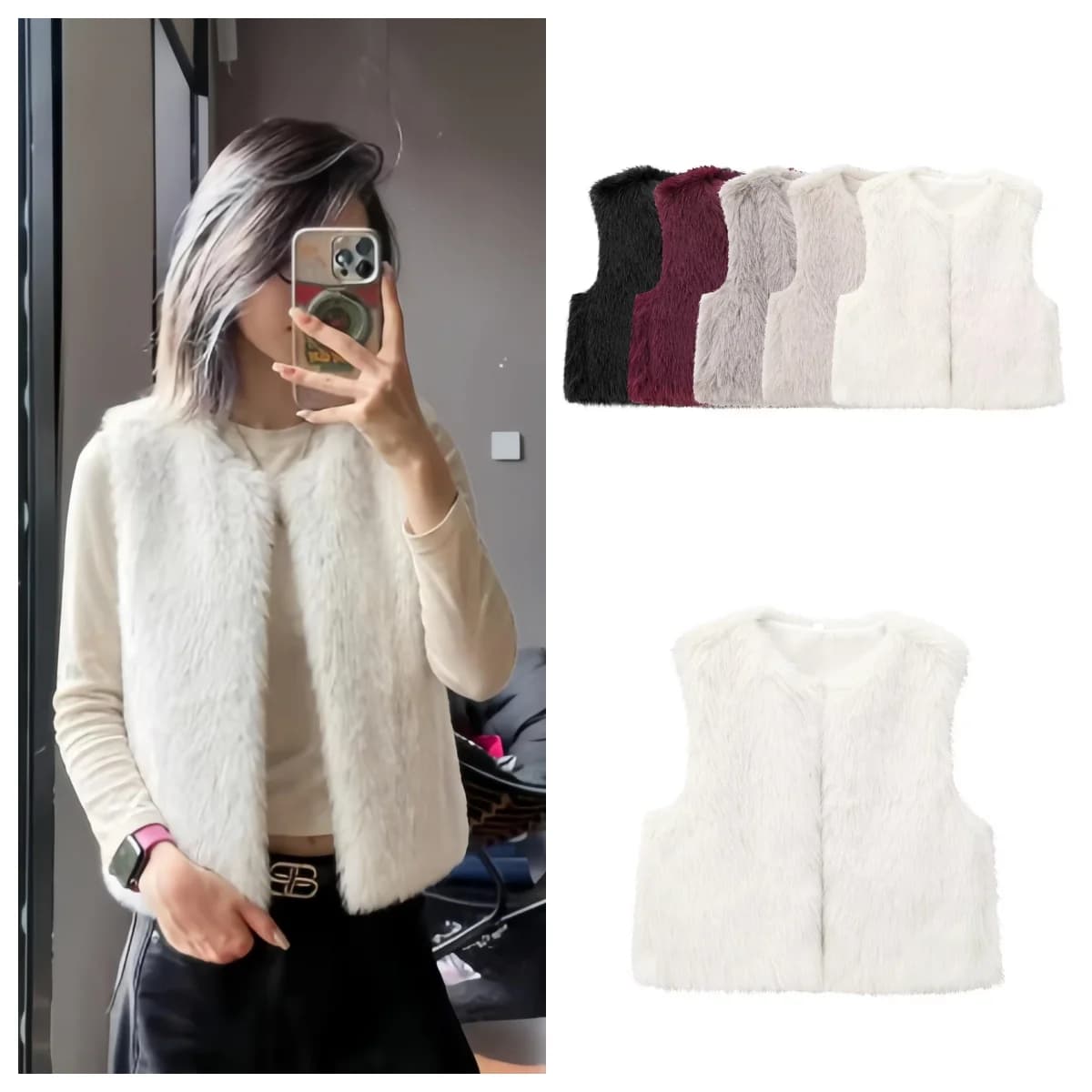 Guobioziy Women's Cardigan Vest Jacket Solid Color Coat Vest Street Style Fashion Solid Color Sleeveless Faux Fur Vest