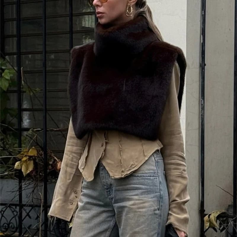 Women Faux Fur Vest Coats Jackets Turtleneck Sleeveless Coat Thick Warm Y2k Streetwear Jacket Elegant Outerwear Autumn Winter