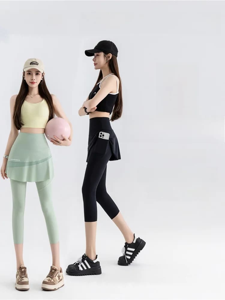 High Waist Yoga Pants Women's Thin Sporty Bottom Skirt Two-Piece Suit Gold Wing Summer Autumn Elastic Leggings