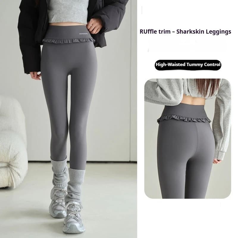 Fashion Womens Elastic Ruffle Waist Sharkskin Pants Autumn Winter Fleece Thick Warm Leggings Woman Solid Slim Butt Lift Leggings
