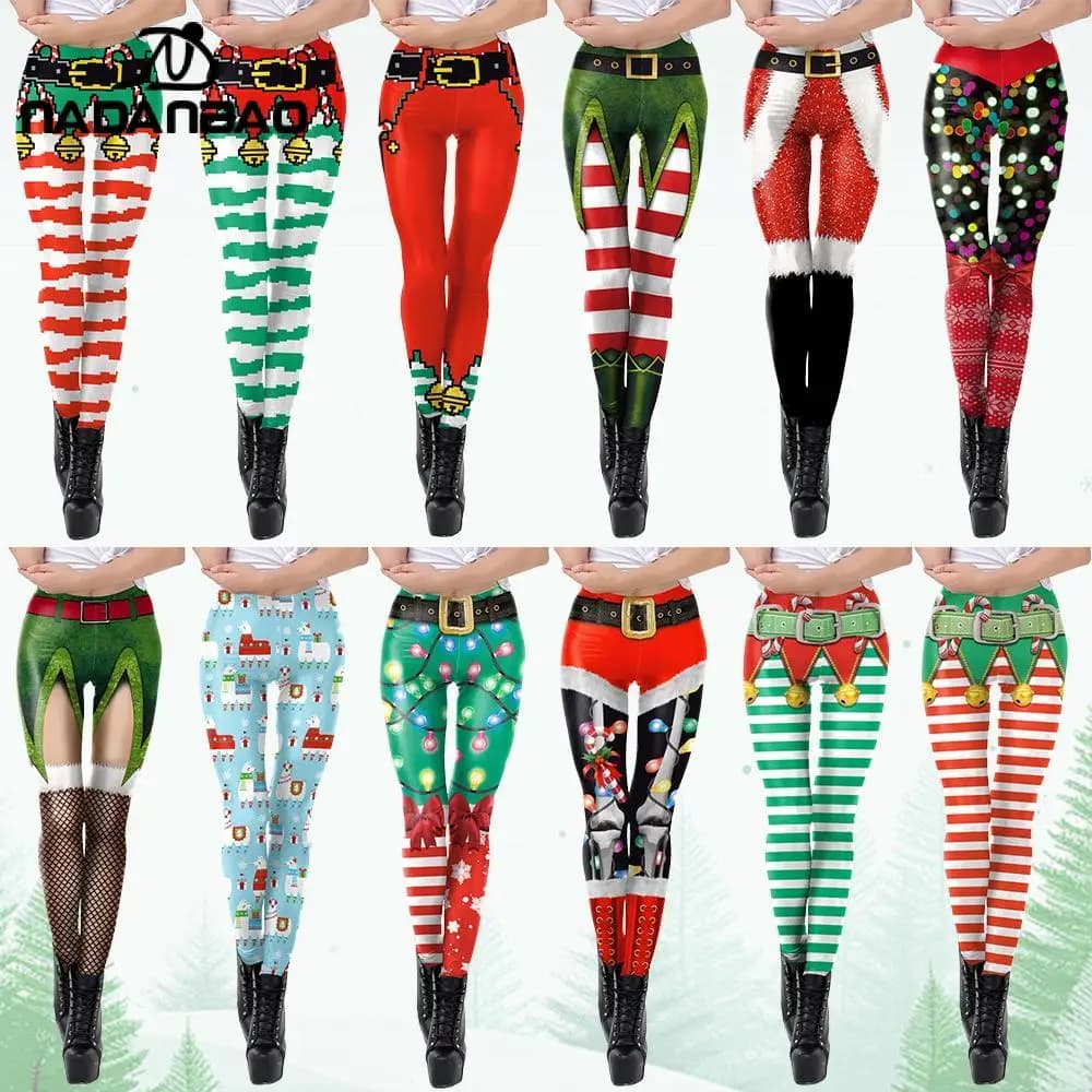 NADANBAO Christmas Leggings Elf Printed Cosplay Trousers Mid Waist Elastic Pants Girls Lady Holiday Party Leggings Sexy Tights