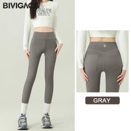 BIVIGAOS 2024 Autumn New Back Pocket Sharkskin Pants Leggings Women High Waist Sports Yoga Running Casual Leggings