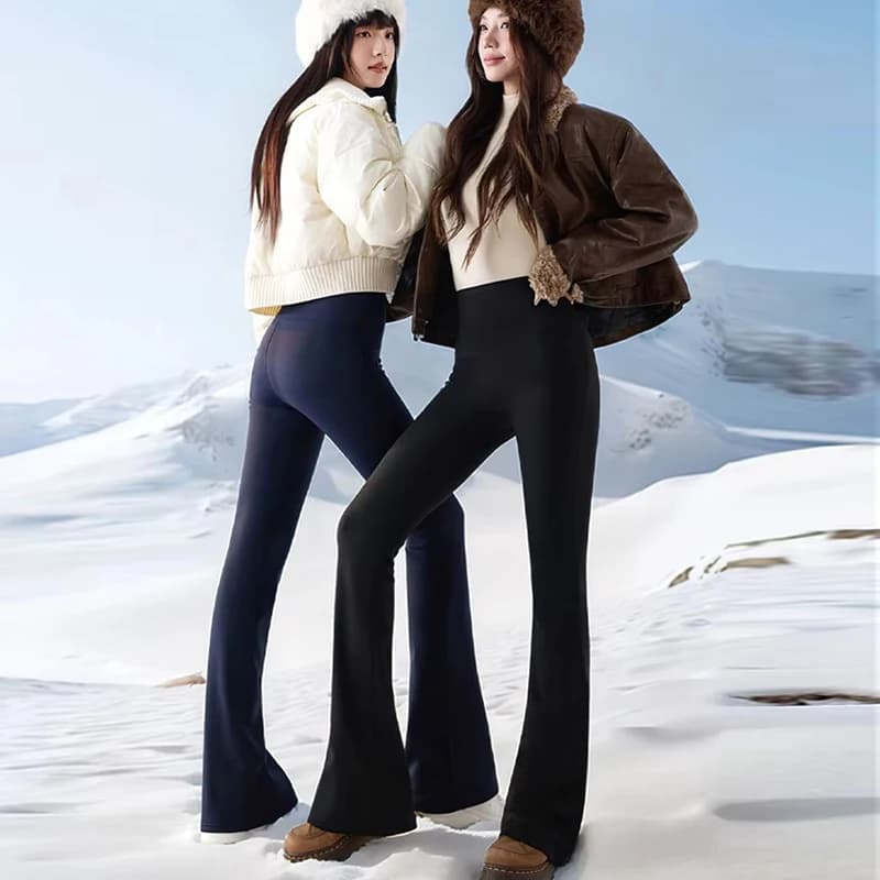 Autumn Winter Thick Fleece Lined Warm Leggings Women High Stretch Slim Sharkskin Flare Pants Female Fashion All Match Leggings