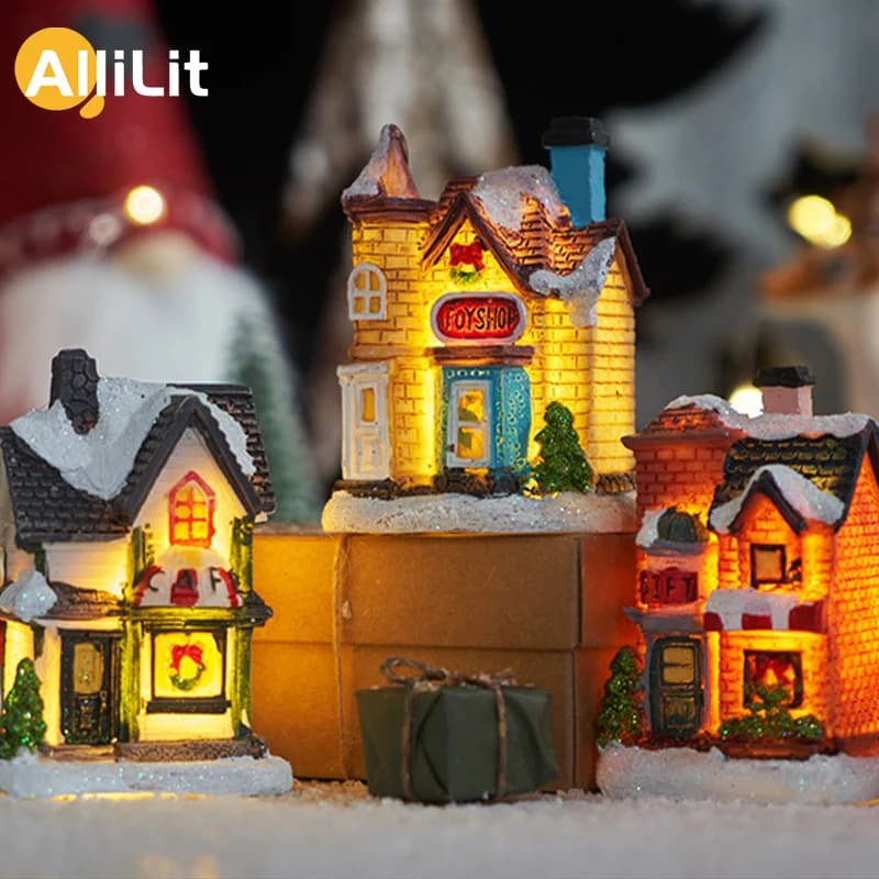 AlliLit Christmas Decoration 2026 New Year Night Light LED Snow House Sculpture Home Resin Crafts Xmas Ornaments Gift