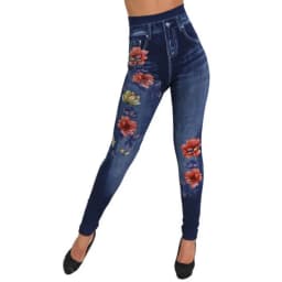 Seamless Leggings Women Pants Jeggings Elastic Faux Jeans Denim Femme Flowers Printed Slim Fit Trousers Outwear 2025 New