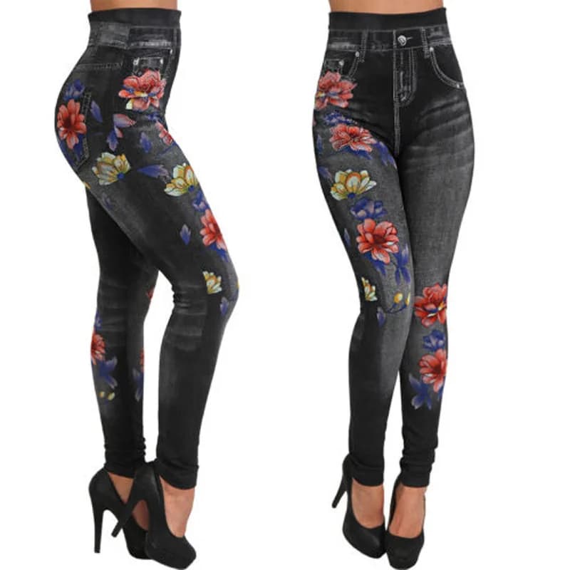 Seamless Leggings Women Pants Jeggings Elastic Faux Jeans Denim Femme Flowers Printed Slim Fit Trousers Outwear 2025 New