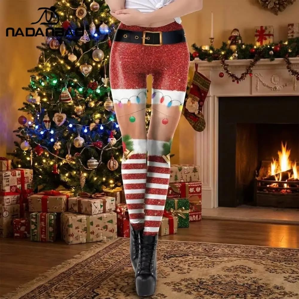 Nadanbao Xmas Bell Striped Print Leggings Women Soft Elastic Yoga Pants Christmas Party Festive Trousers Workout Sports Bottoms