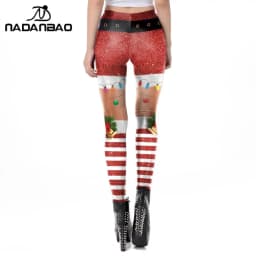 Nadanbao Xmas Bell Striped Print Leggings Women Soft Elastic Yoga Pants Christmas Party Festive Trousers Workout Sports Bottoms