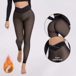 Women's Winter Fleece Lined Leggings High Waist Cross Waist 9/10 Length Skinny Pants  Seamless Nylon Plus Size Push Up Tights
