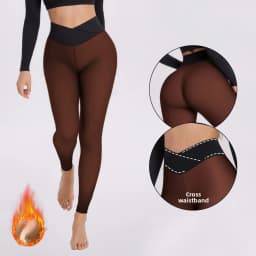 Women's Winter Fleece Lined Leggings High Waist Cross Waist 9/10 Length Skinny Pants  Seamless Nylon Plus Size Push Up Tights