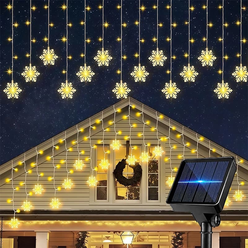 Solar Snowflake LED Lights Outdoor Waterproof IP54 Rating 8 Modes Flashing Wave Steady Light Warm White Colorful Holiday Decor