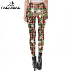 Nadanbao Santa Claus Snowman Print Leggings Women Red Green Plaid Christmas Pants Sexy Slim Elastic Trousers Xmas Party Bottoms