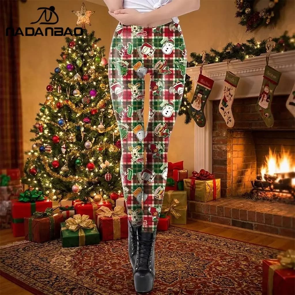 Nadanbao Santa Claus Snowman Print Leggings Women Red Green Plaid Christmas Pants Sexy Slim Elastic Trousers Xmas Party Bottoms