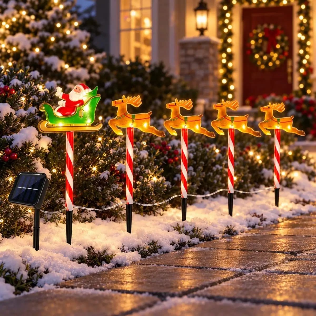 5pcs/set Christmas Solar Stake Lights Santa Sleigh & Reindeer & Sled Outdoor Solar Pathway Light For Garden Yard Festive Decor