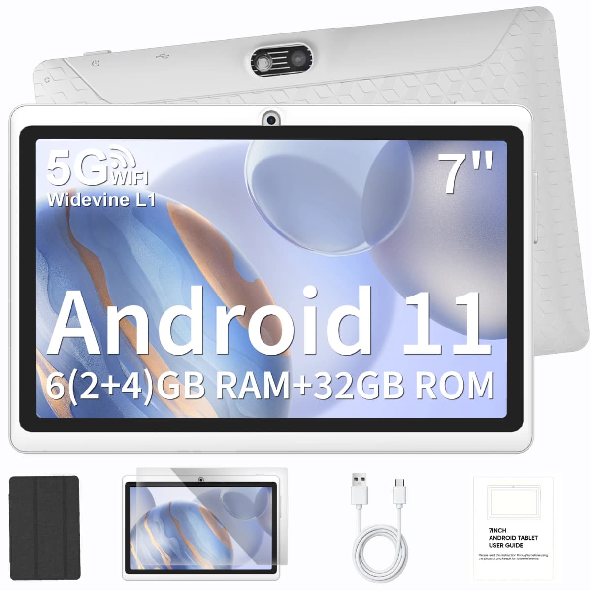 2026 Android 11 7" WiFi Tablet with Case,Max 6GB(2GB+4GB Expansion)RAM+32GB ROM,Quad Core,Dual 2MP Camera,3000mAh IPS Screen