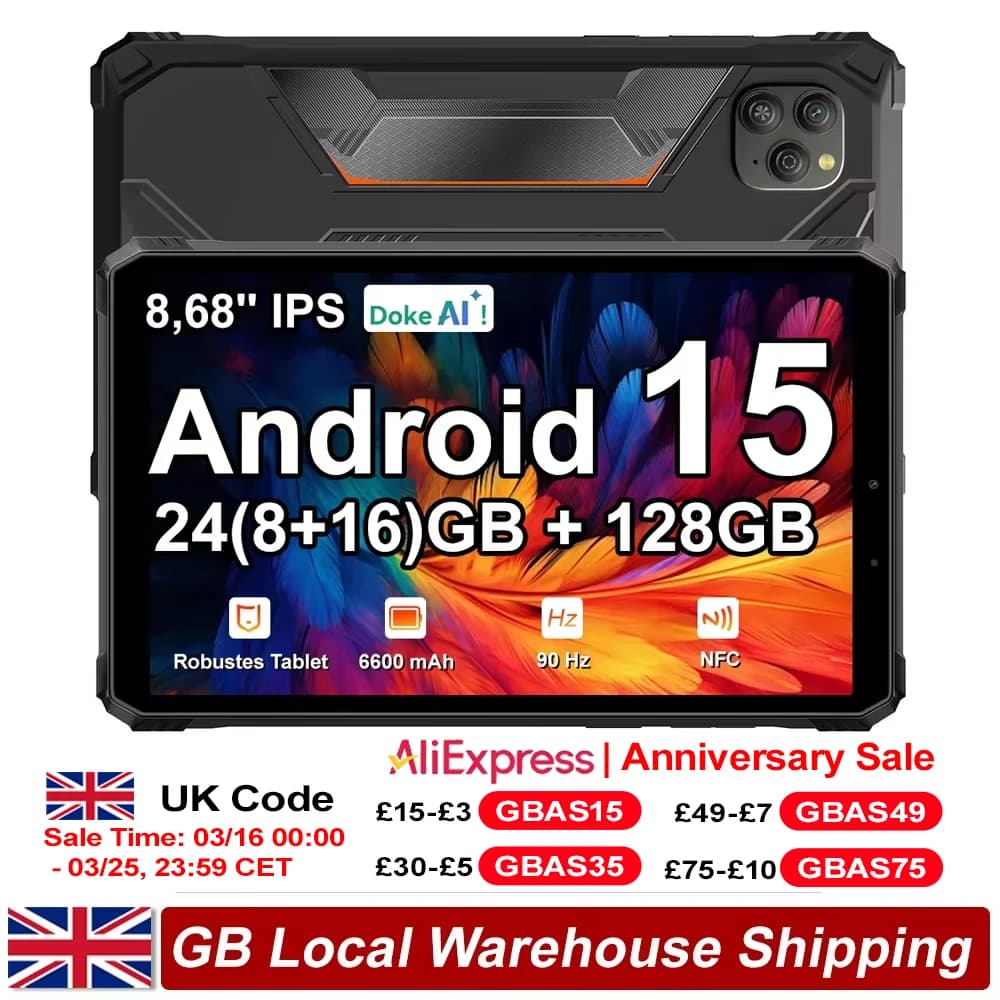 Blackview Active 5 Android 15 Rugged Tablet PC 8GB RAM 128GB ROM 8.68'' IPS 90Hz 6600mAh Doke AI NFC Fingerprint Pad 4G Calling