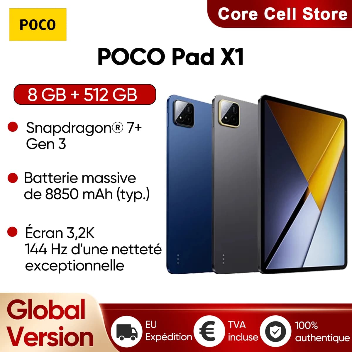 POCO Pad X1 Global Version Tablet 8GB 512GB Snapdragon 7+ Gen 3 11.2' 3:2 3.2K 144Hz Crystal-Clear Display 8850mAh (Typ) Battery 45W Turbo Charging